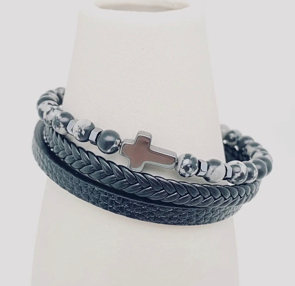 Natural Stone Leather Cross Bracelet